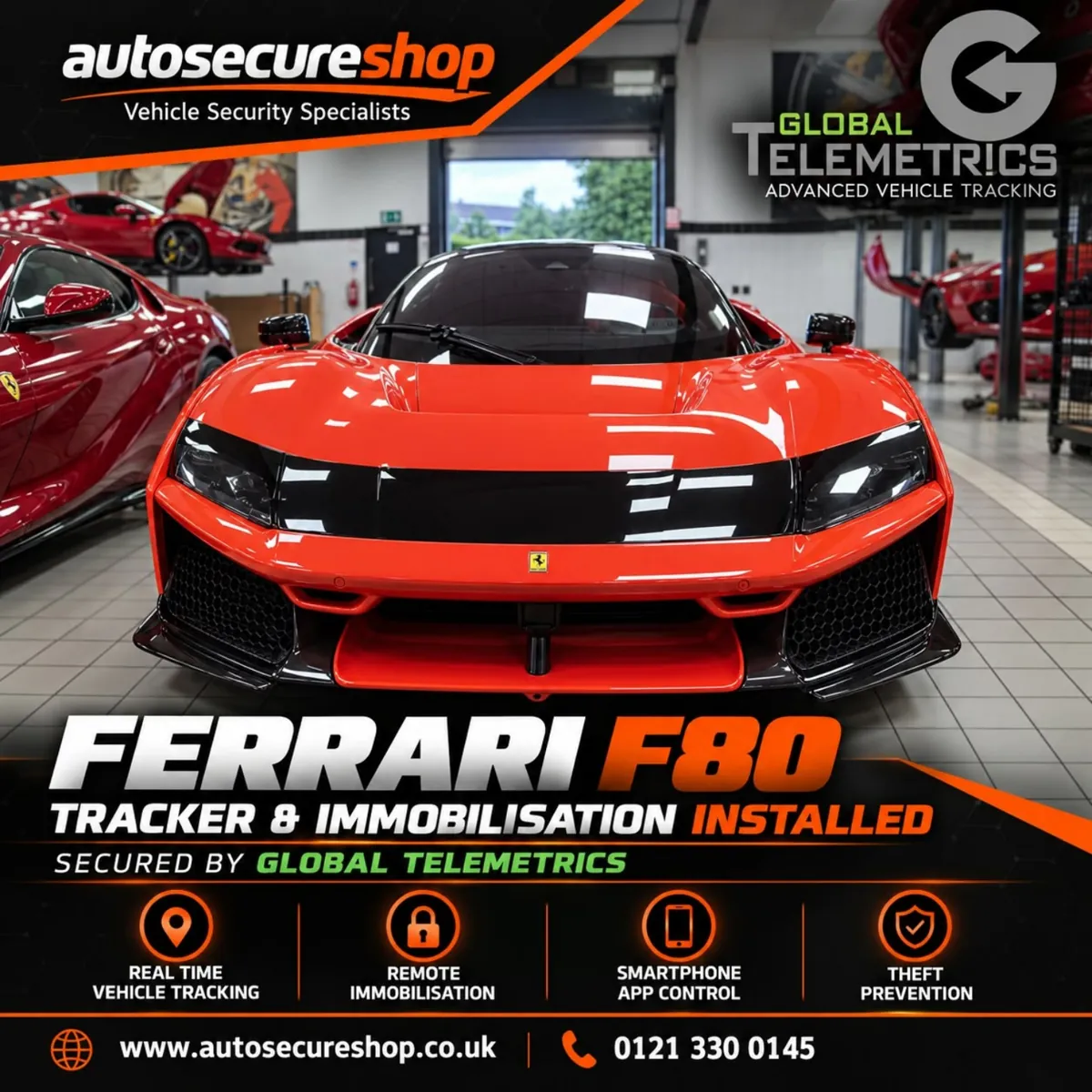 Orange Ferrari F80 photographed from the front during Autosecureshop installation work