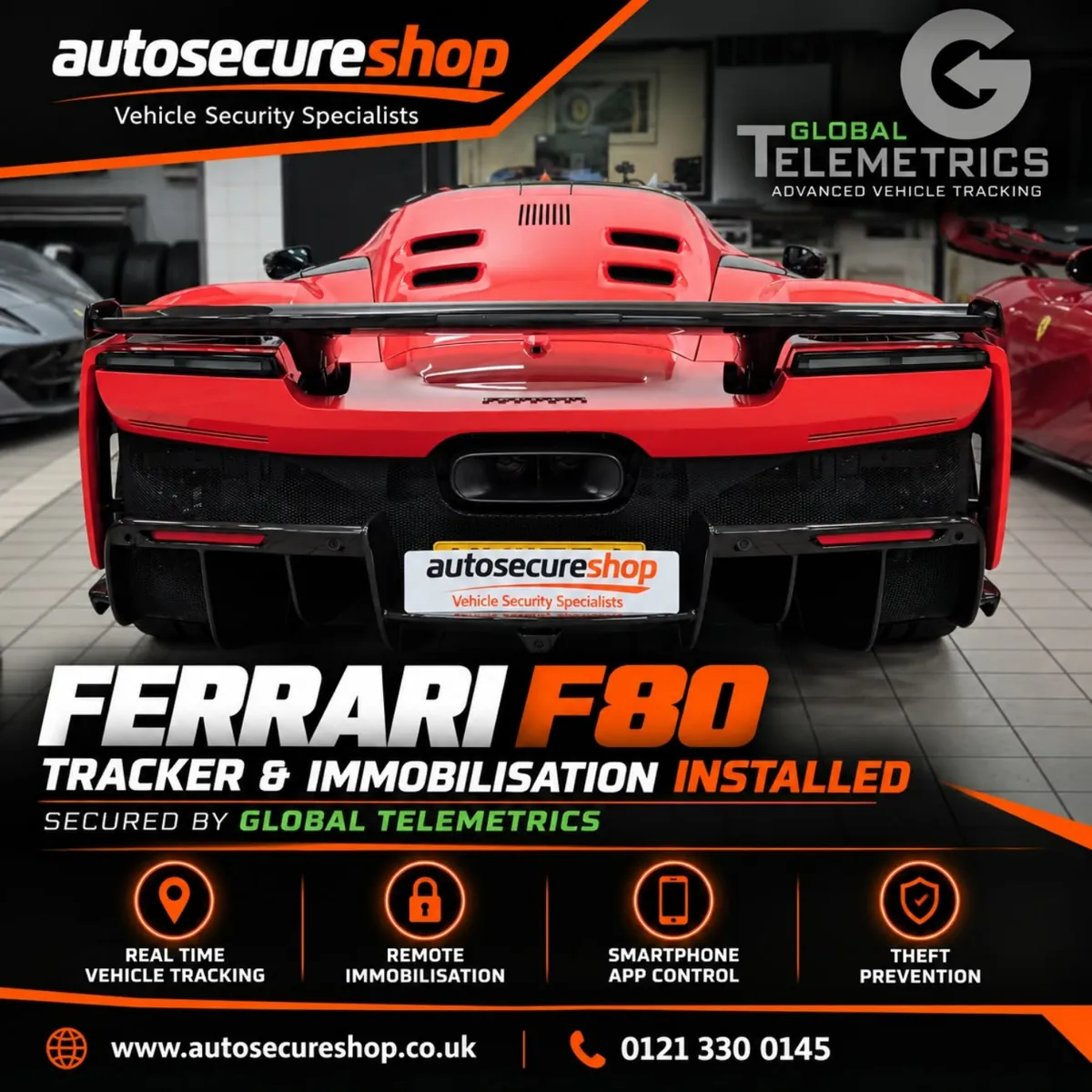 Red Ferrari F80 photographed from the rear during Autosecureshop installation work