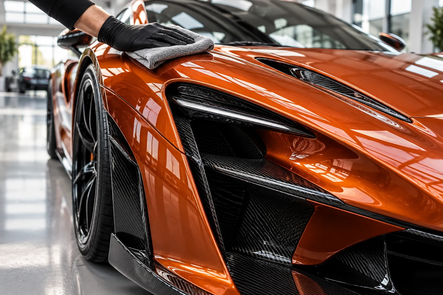 Illustrative close-up of hypercar paint and carbon-fibre detailing