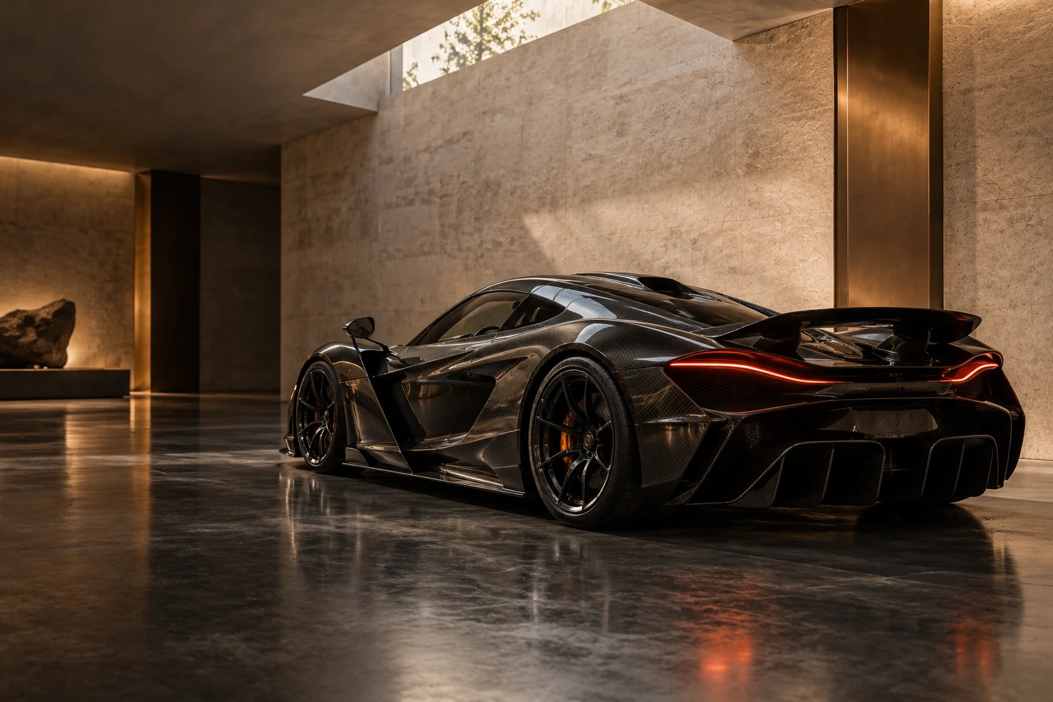 Illustrative carbon-fibre hypercar in an architectural private collector gallery